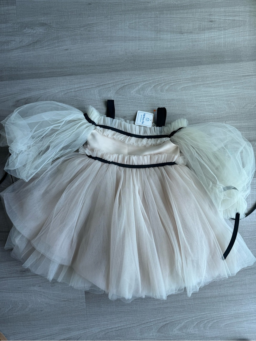 Girls Coco Caramel Tulle Dress with Sheer Puff Tulle Sleeves